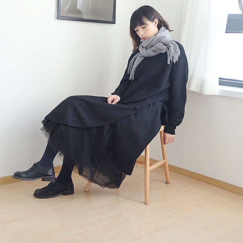 羊毛 裙子/長裙 黑色 - 不規則羊毛呢拼接網紗裙|裙子|羊毛+棉+聚酯纖維|獨立品牌|Sora-78