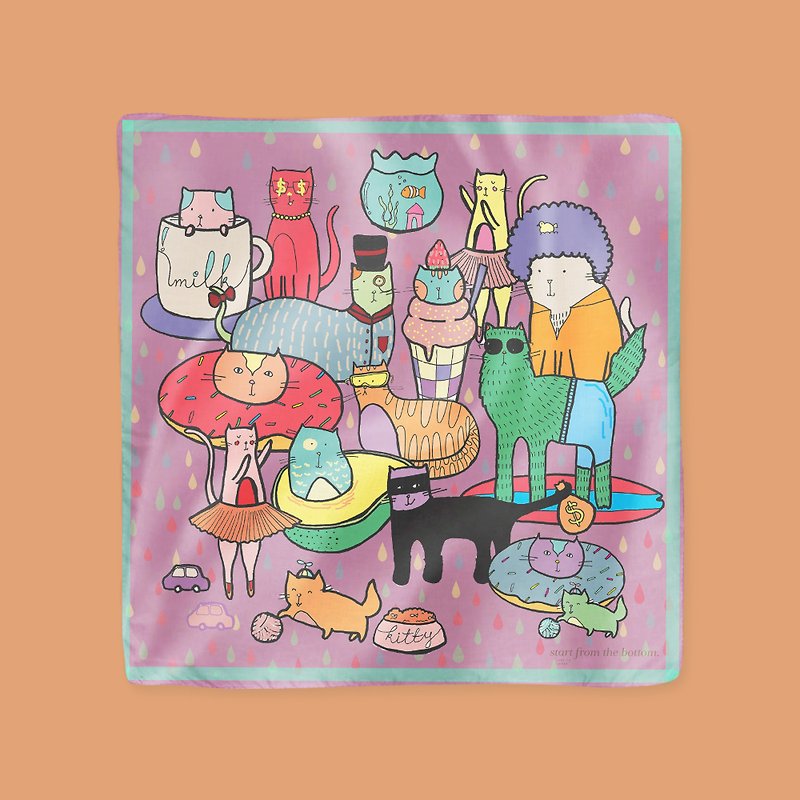 Illustrated Scarf - Cats and The Gang - 絲巾 - 聚酯纖維 紫色