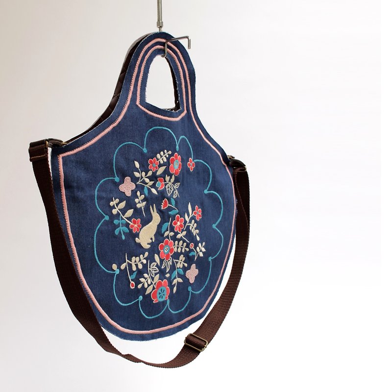 Rabbit garden embroidery · Petanko bag - Handbags & Totes - Cotton & Hemp Blue