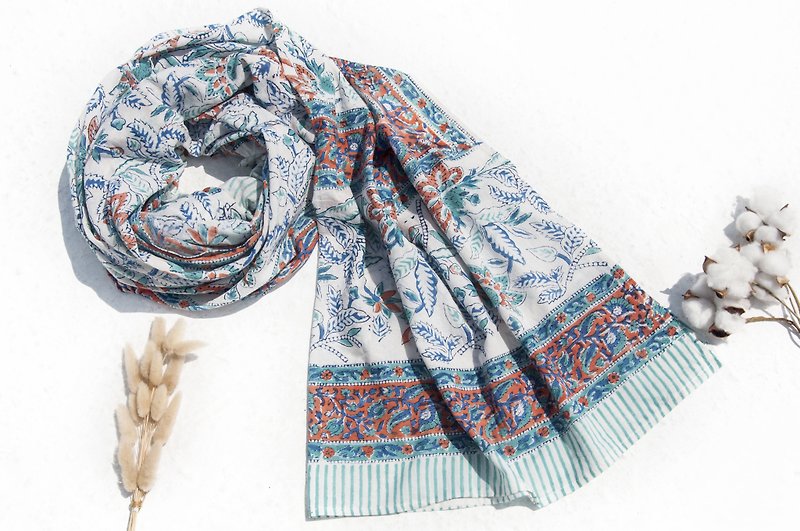 Super large pure cotton silk scarf handmade woodcut printing plant dyed scarf wood dyed cotton silk scarf-nordic flower garden - Knit Scarves & Wraps - Cotton & Hemp Multicolor