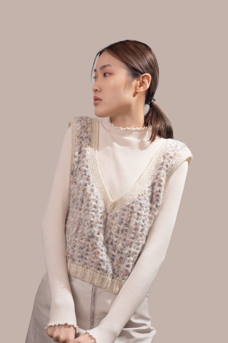 手工鈎針編織 鏤空短款毛衣針織衫馬甲背心 兩件套配搭上衣 - 女裝毛衣/針織衫 - 羊毛 卡其色