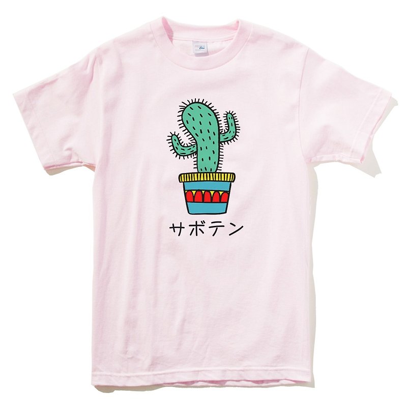 Cactus Japanese men's and women's short-sleeved T-shirt light pink plant succulent friends potted fresh healing creative planting Wenqing art - เสื้อยืดผู้หญิง - ผ้าฝ้าย/ผ้าลินิน สึชมพู