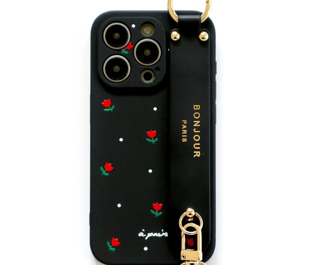 iPhone16/15/14/13/12ブラック＆レッド チューリップストラップ 携帯