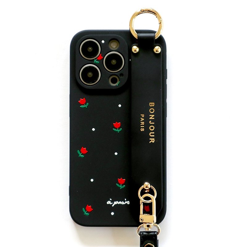 iPhone15/14/13/12 black and red small tulip bracelet mobile phone case (with black wrist strap) - เคส/ซองมือถือ - พลาสติก สีดำ