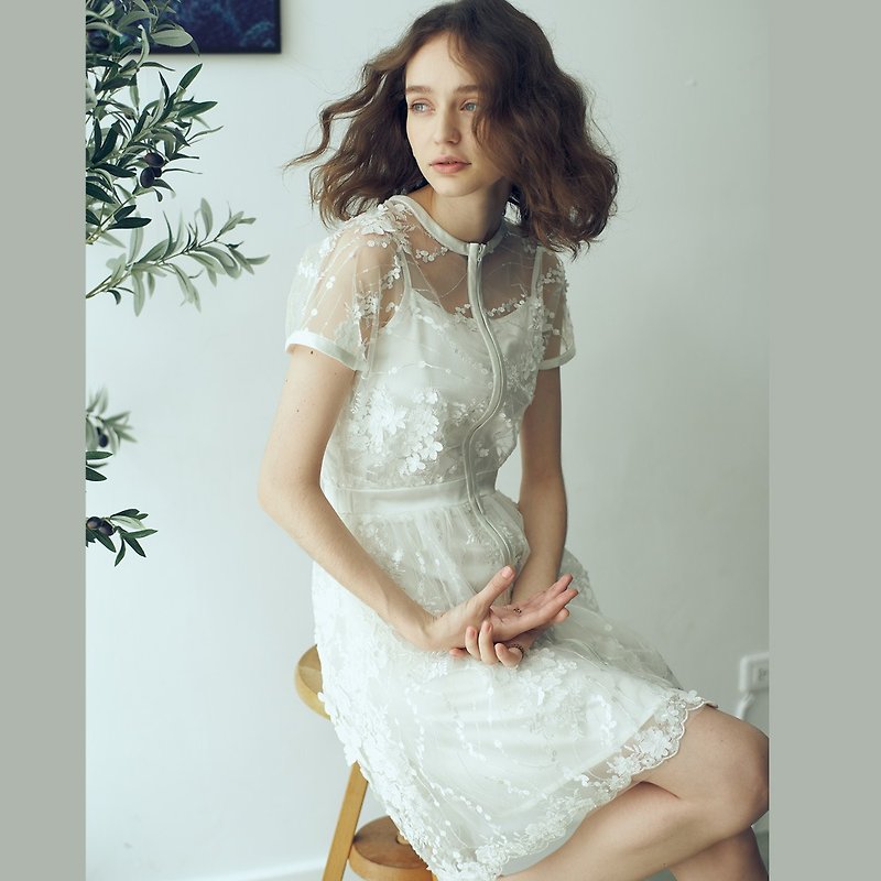 (客製化)Cara米蘭時尚洋裝小禮服 - 連身裙 - 聚酯纖維 白色