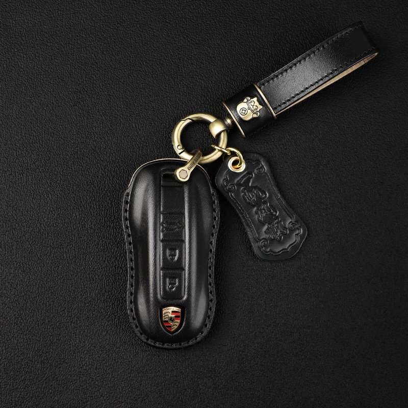 Genuine Leather Car Key Case for PORSCHE 970 Panamera Macan, Black - Keychains - Genuine Leather Black