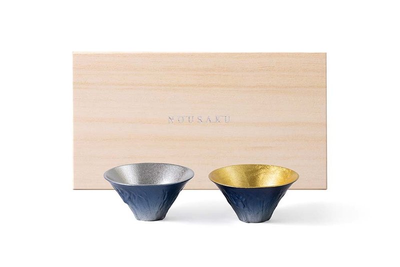 藍色富士山風情對杯桐木禮盒(金箔・純錫) - 酒杯/酒器 - 貴金屬 多色