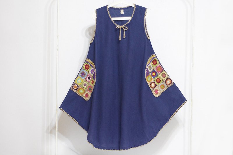 Cotton & Hemp One Piece Dresses Multicolor - Knitted woven pockets cotton and linen dress / ethnic style blue dyed dress / flower dress / ethnic dress-blue