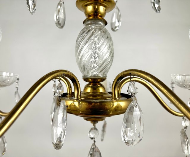 アンティーク クリスタルと金メッキ真鍮シャンデリア 1920 年代、フランス | 5つのライトポイント - ショップ HappyDuckVintage  照明・ランプ - Pinkoi
