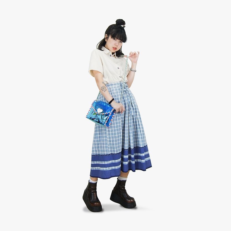A‧PRANK: DOLLY :: Vintage VINTAGE blue and white plaid patchwork piping waist pleated vintage round skirt (back belt) - Skirts - Cotton & Hemp 