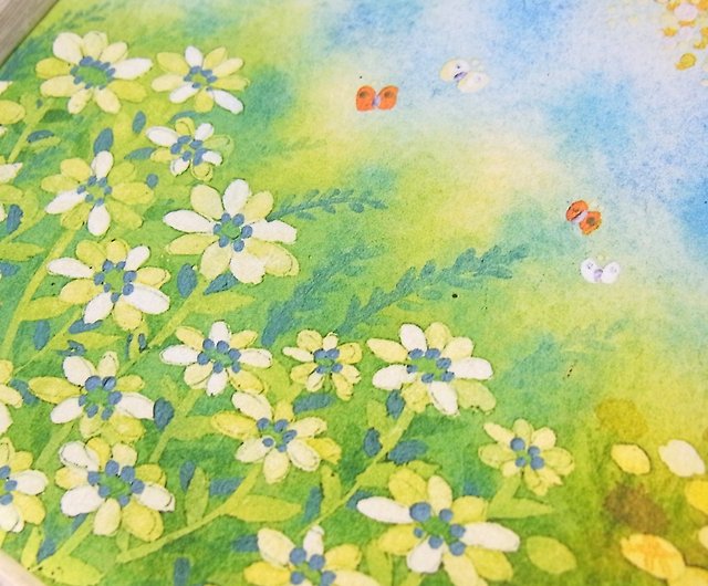 Mimosa and cat】水彩画アートプリント 春の花 白猫 スミレ タンポポ 