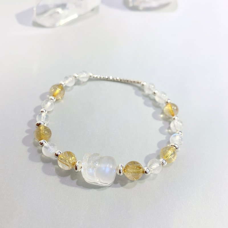 Ops Moonstone Gemstone Rutilated Quartz Silver Design Handmade Bracelet - Bracelets - Gemstone Gold