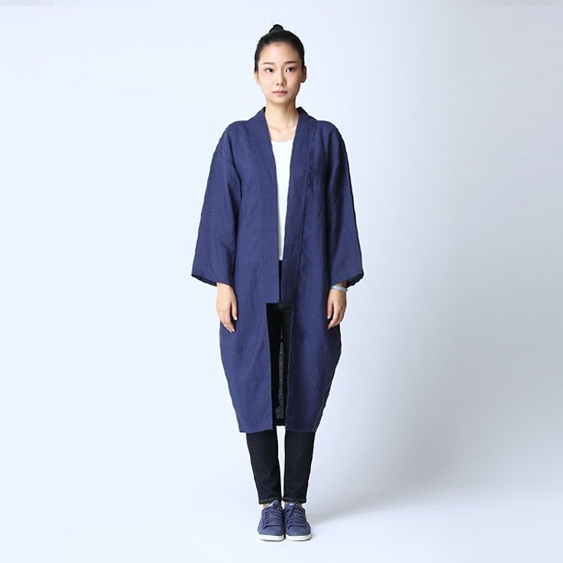 BUFU indigo zen-style ramie unisex long cardigan  O151204 - เสื้อสูท/เสื้อคลุมยาว - ผ้าฝ้าย/ผ้าลินิน สีน้ำเงิน
