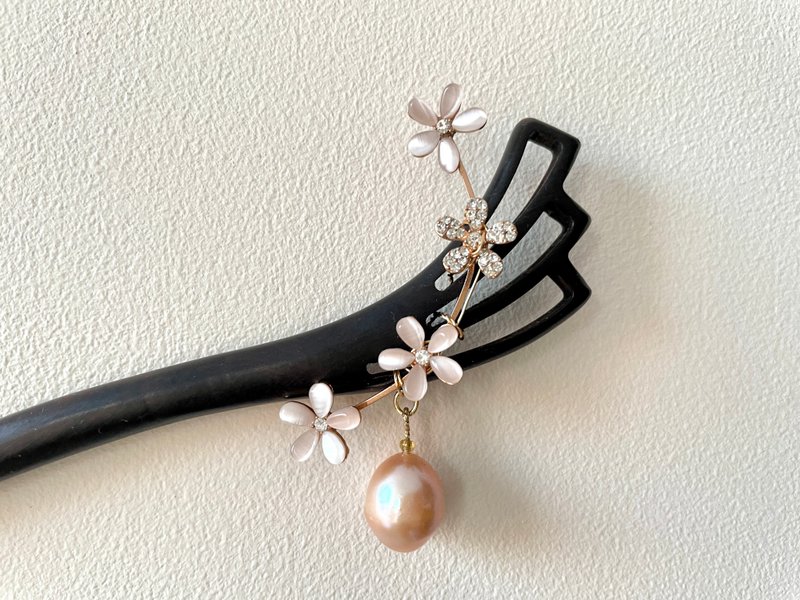 國風髮簪~天然淡水珍珠 黑檀木 木簪子 - 髮夾/髮圈 - 珍珠 橘色