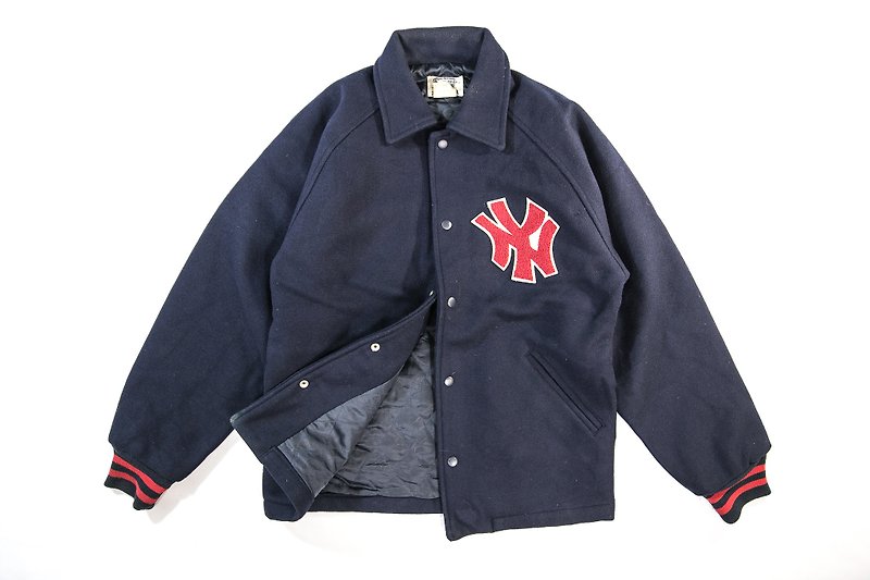 [3thclub Ming Ren Tang] retro Yankee Long wool coat vintage BSE-007 Japan - เสื้อโค้ทผู้ชาย - ผ้าฝ้าย/ผ้าลินิน สีน้ำเงิน