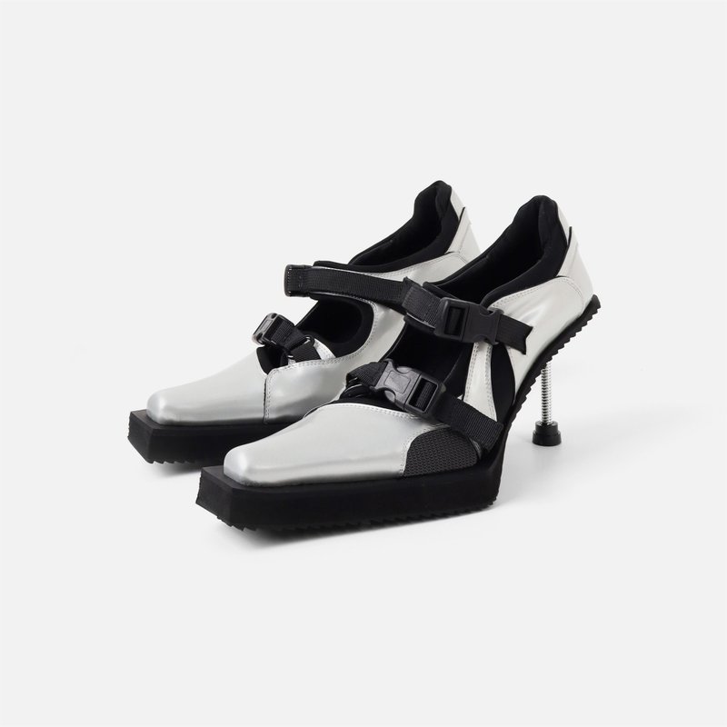 notdetailed original buckle sports functional style high heels cyberpunk women's shoes - รองเท้าส้นสูง - หนังแท้ สีเงิน