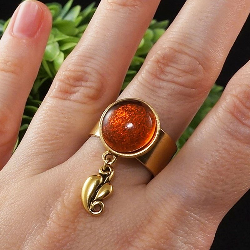Orange Fire Red Glass Adjustable Ring Golden Leaf Charm Ring Woman Jewelry Gift - 戒指 - 玻璃 橘色