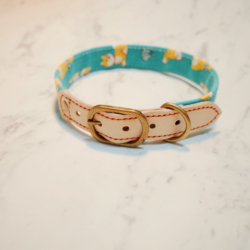 Dog Collar L Shiba Inu Blue Green Ichiro Series Vegetable Tanned Leather Irregularity Can be attached to the leash can be purchased with a tag attached with a bell - ปลอกคอ - หนังแท้ 