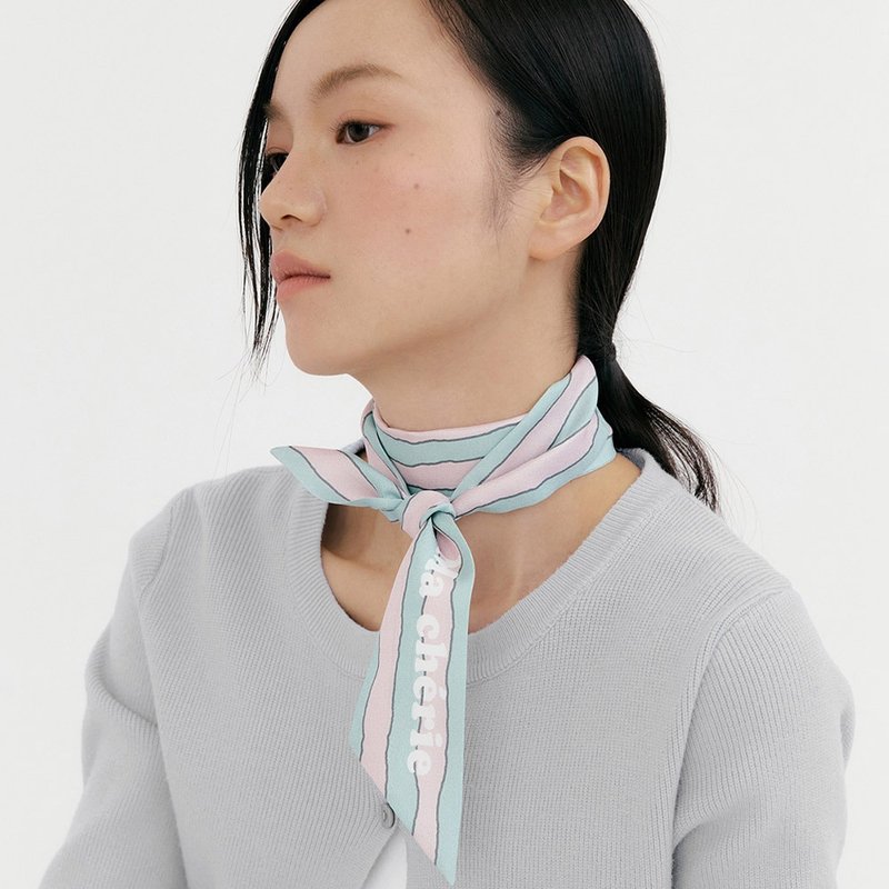 【Ven & Qu】Ma Chérie 粉綠條紋絲巾 6×110 cm - 絲巾 - 絲．絹 粉紅色