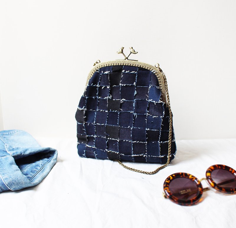 "Limited to 2" denim knit mouth gold bag backpack (18cm mouth) - Messenger Bags & Sling Bags - Cotton & Hemp Blue