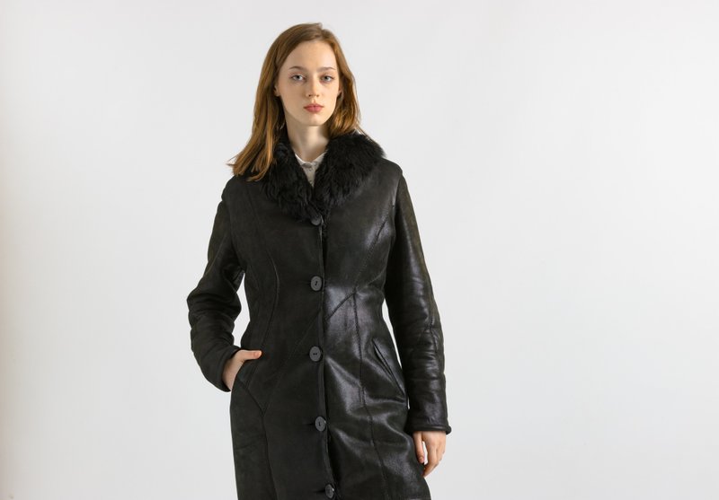 Vintage Suede Sheepskin Leather Shearling Fastens Coat size Small 7021 - 女西裝外套 - 真皮 黑色