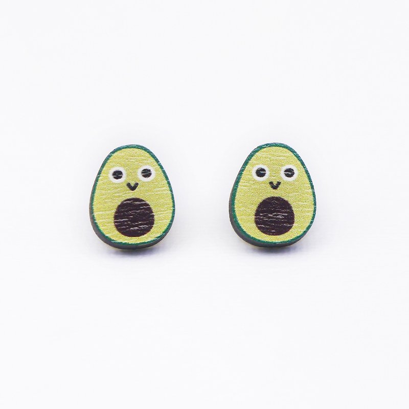 Happy Avocado Printed Wooden Earrings - ต่างหู - ไม้ สีเหลือง