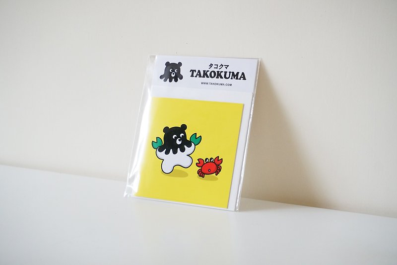 Octopus Bear Takokuma Small Square Card - Dancing with Crab - Cards & Postcards - Paper Yellow