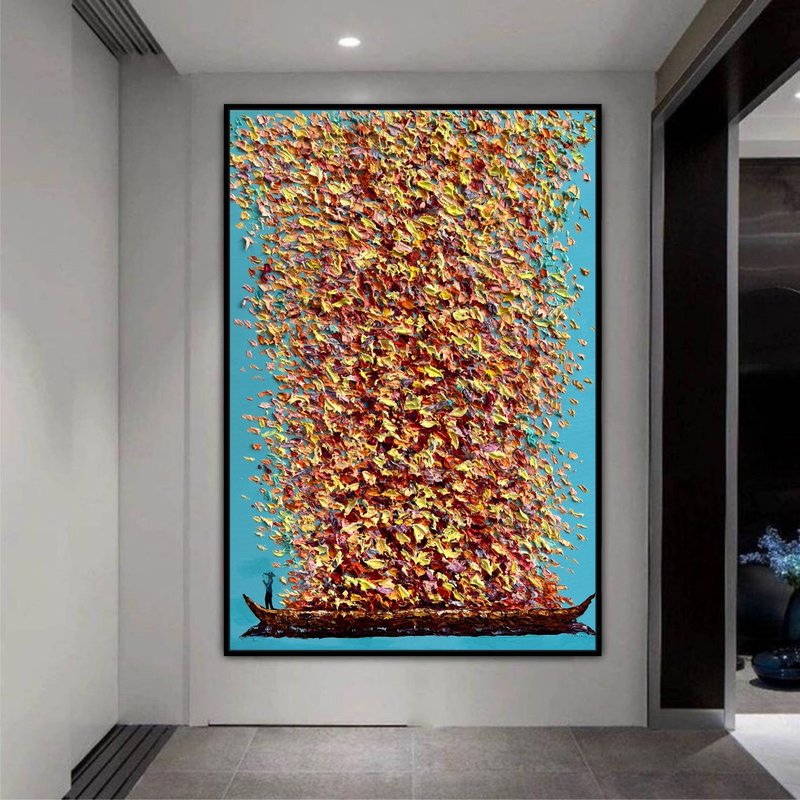 Original Rowing Boat Oil Painting Abstract Impasto Style Artwork Modern Wall Art - 牆貼/牆身裝飾 - 壓克力 多色