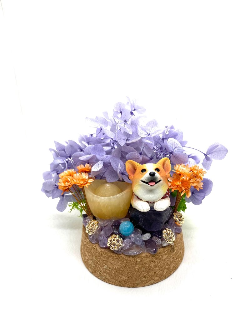 柴犬與黃玉金元寶/紫水晶/海藍寶-水晶公仔乾燥花擺設 - 擺飾/家飾品 - 水晶 