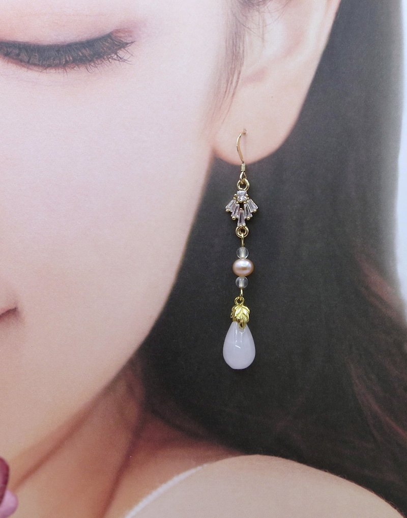 Lemon hand-made hair accessories, zircon powder crystal drop earrings / US 14K g - Earrings & Clip-ons - Jade 