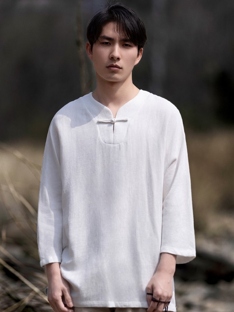 新中式復古 亞麻套頭圓領短袖 中國風唐裝 - 男 T 恤 - 其他材質 白色