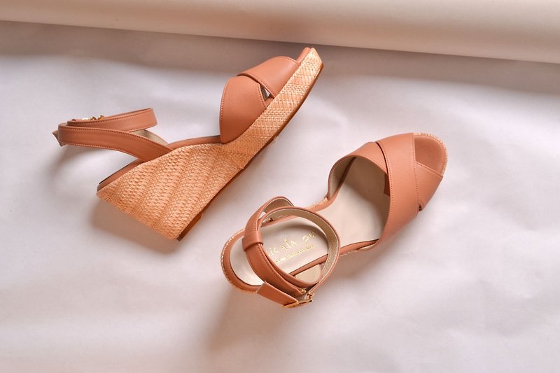 Wedge high-heeled sandals bare powder - Sandals - Genuine Leather 