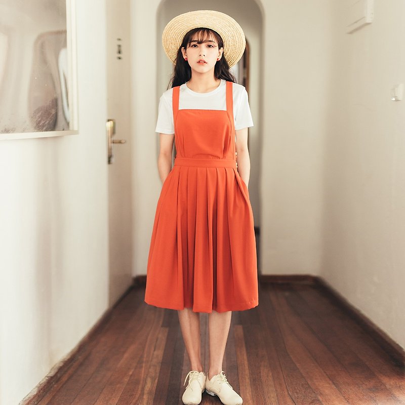 安妮陳2017夏季新款橘紅色背帶裙洋裝 - 連身裙 - 棉．麻 紅色