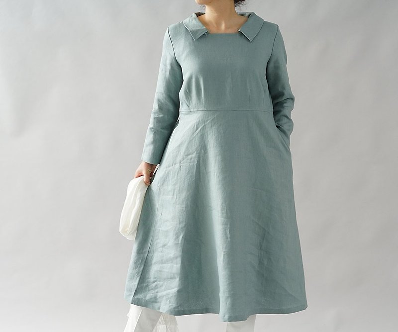 linen dress / square neck dress / A line dress / midi dress / a55-19 - ชุดเดรส - ผ้าฝ้าย/ผ้าลินิน สีเขียว