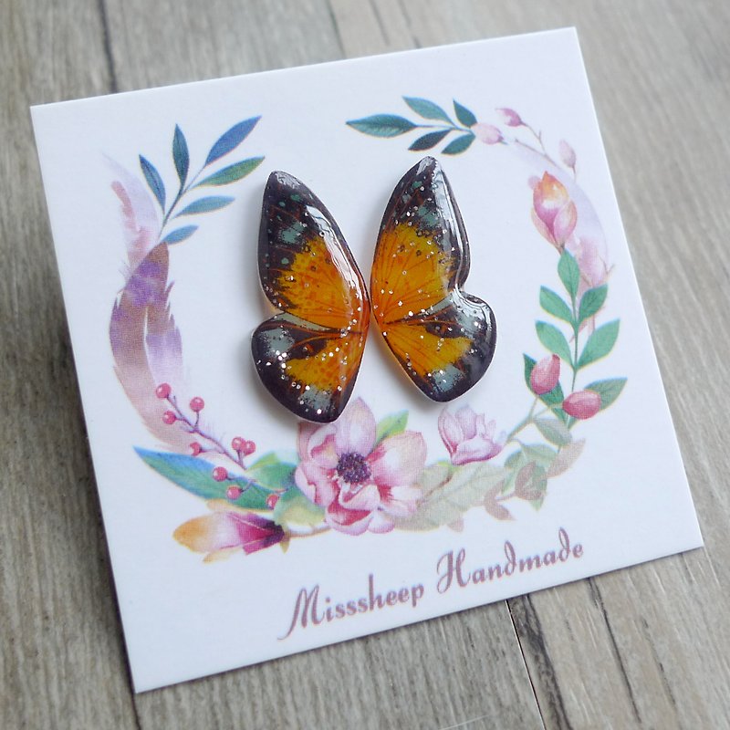 Misssheep-BW12- Orange Butterfly Handmade Earrings (Auricular / Transparent Ear Clips) - ต่างหู - พลาสติก สีส้ม