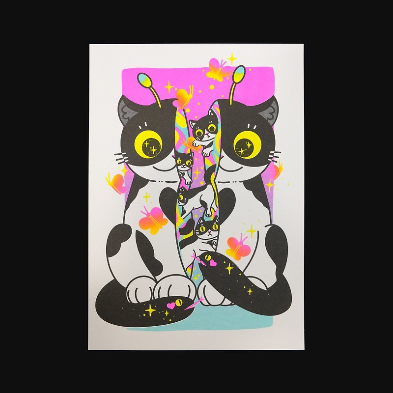 Cracked cat cat Riso Print Poster Original independent poster - Other - Paper Multicolor