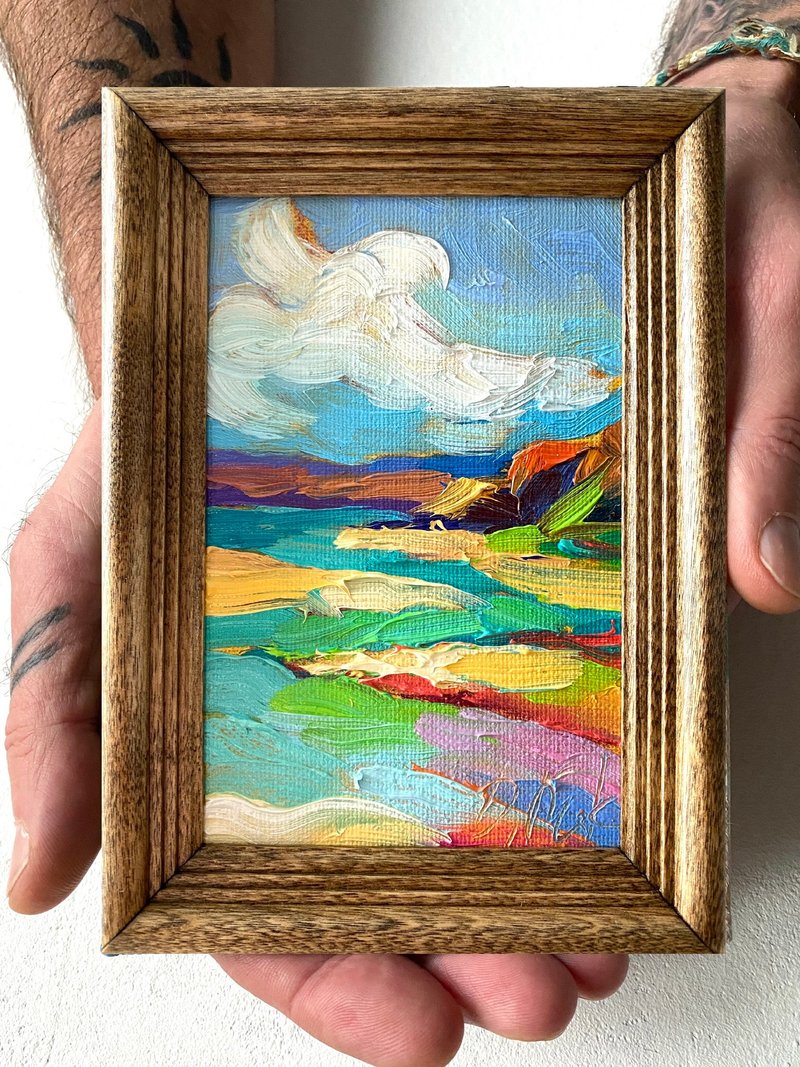 海景油畫原創海景畫厚塗小幅藝術品海洋海岸壁畫 - 壁貼/牆壁裝飾 - 木頭 