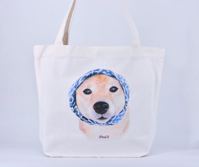 貓咪柴犬  大手提環保帆布袋 - 手提包/手提袋 - 棉．麻 白色
