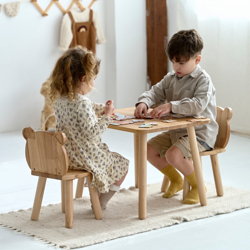 Wooden kids table and two bear chairs set Preschool table - Kids' Furniture - Wood Khaki