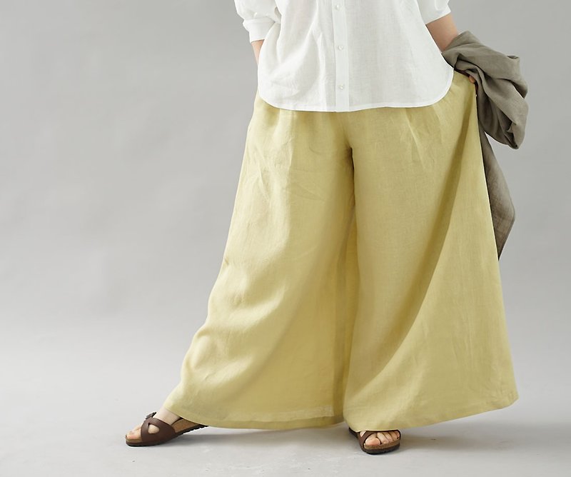 wafu - 亞麻寬褲 Lightweight Linen Extreme Wide-Leg Pants / Canary b002g-kai1 - กางเกงขายาว - ลินิน สีเหลือง