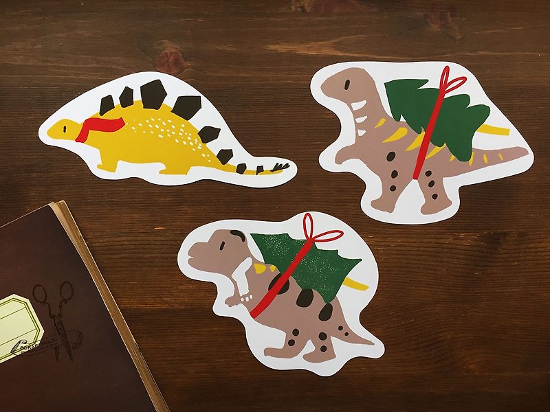 Dinosaur carrying Christmas tree B shape card Christmas card postcard set of 3-Tyrannosaurus Velociraptor Stegosaurus - Cards & Postcards - Paper Green