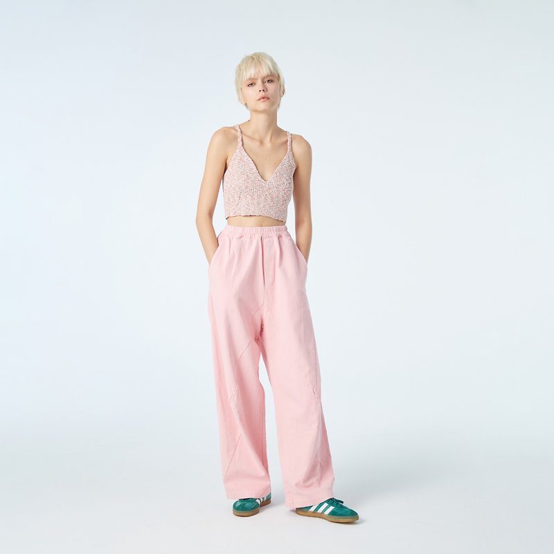 10 MOOn Barbie pink geometric trousers - Women's Pants - Cotton & Hemp Pink