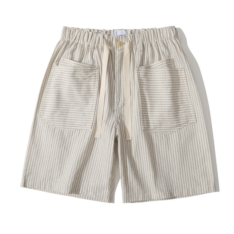 Incense Harbour Buckle Shorts - 5mm Faded Grey Stripe - กางเกง - ผ้าฝ้าย/ผ้าลินิน หลากหลายสี