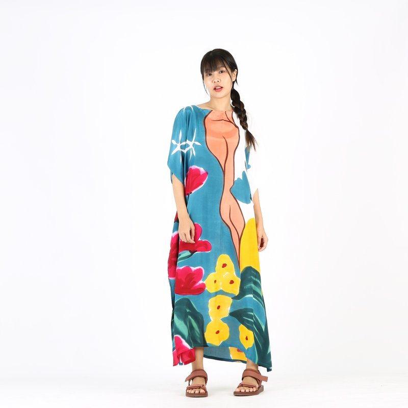 Hand Painted Cotton Silk Kaftan for Summer Resort Vacation - 洋裝/連身裙 - 棉．麻 多色