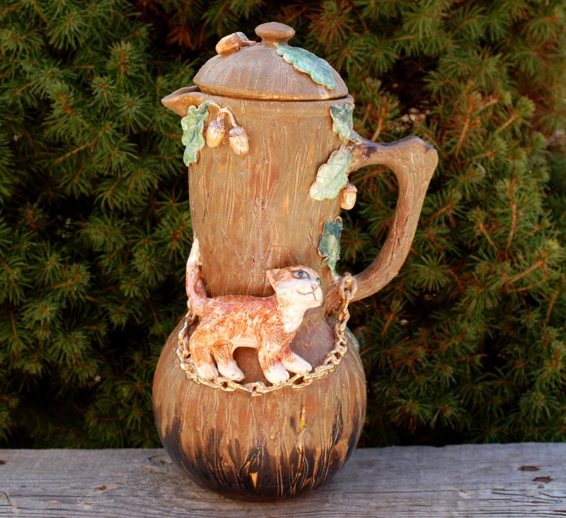 Pitcher for water and drinks Ceramic jug Ewer with lid Orange cat ceramics - 其他 - 陶 多色