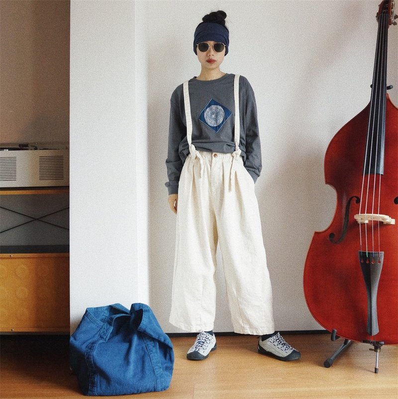 乳白色 鬆緊腰圍吊帶長褲 大廓形背帶褲 義大利米杏色斜紋棉布 - 吊帶褲/連身褲 - 棉．麻 白色