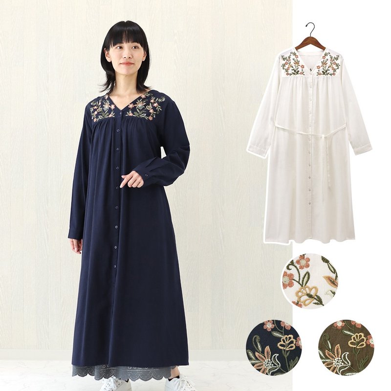 [Popular pre-order] Forest style pastoral flowers and grass embroidery V-neck shirt waist dress (3 colors) 40824-360-20 - ชุดเดรส - วัสดุอื่นๆ 