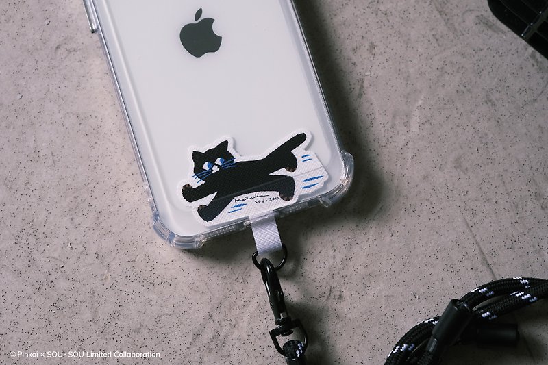 【Pinkoi x SOU・SOU】Black Cat Cell Phone Clip with 6mm Lanyard Phone Strap - อุปกรณ์เสริมอื่น ๆ - ไนลอน ขาว