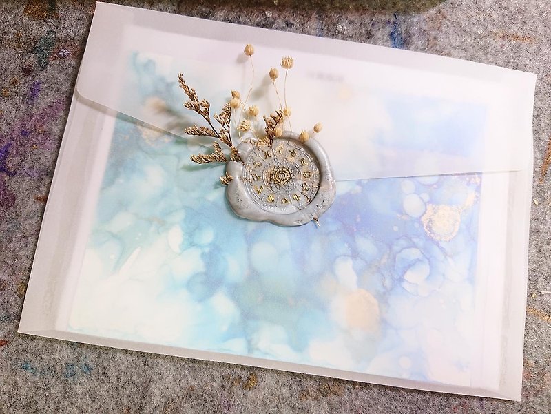 Gift card/alcohol ink/sealing Wax/dried flowers/translucent envelope - Cards & Postcards - Other Materials Multicolor
