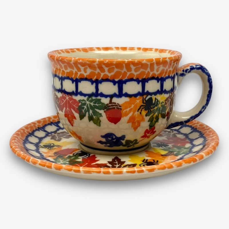 Polish hand-painted pottery-coffee cup and plate set 220ML Pumpkin Halloween series designer model - แก้วมัค/แก้วกาแฟ - ดินเผา สีส้ม